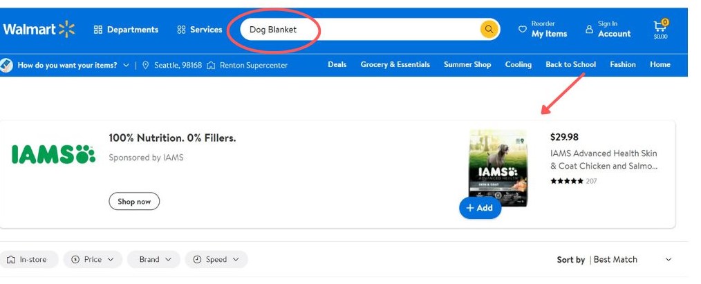 a screenshot showing the encircled search query “dog blanket” and an arrow pointing to a pet food product, illustrating walmart display ads